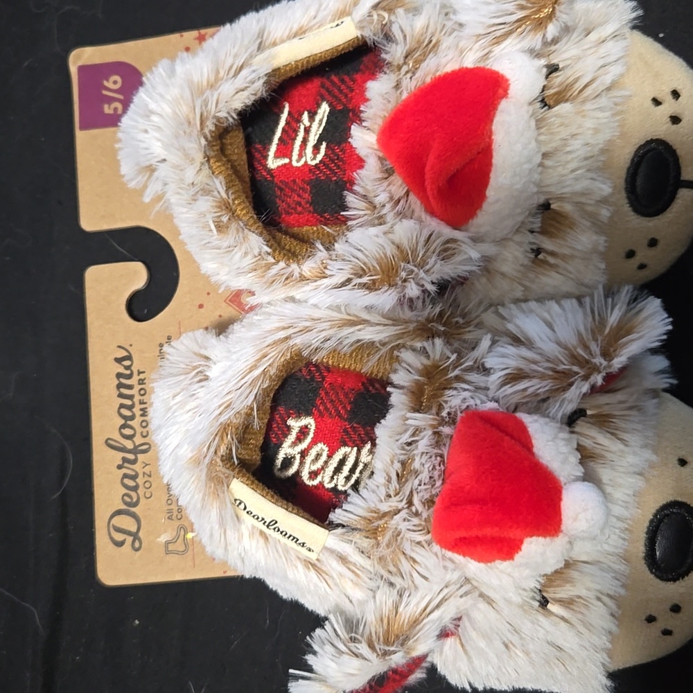 Dearfoams Fuzzy Bear Kids Slippers - Tan and Red